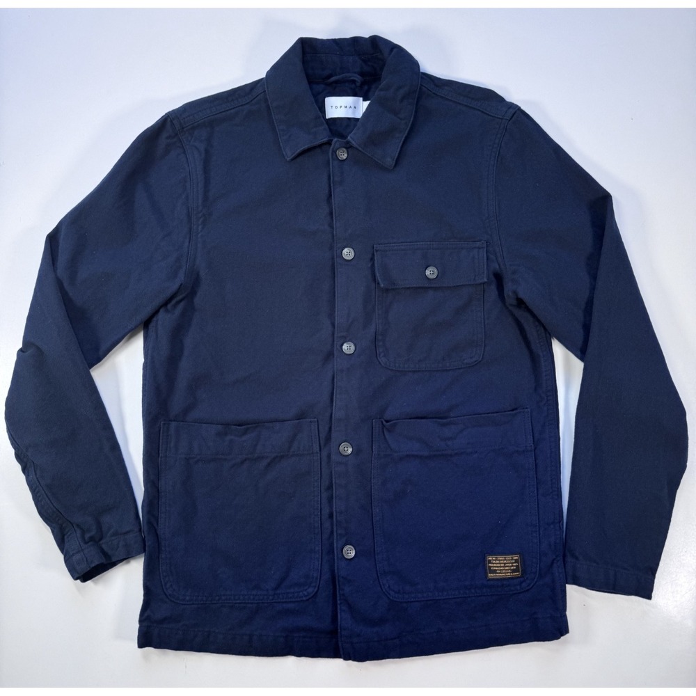 TOPMAN Lightweight Cotton Utility Chore Jacket Mens Small Blue Herringbone